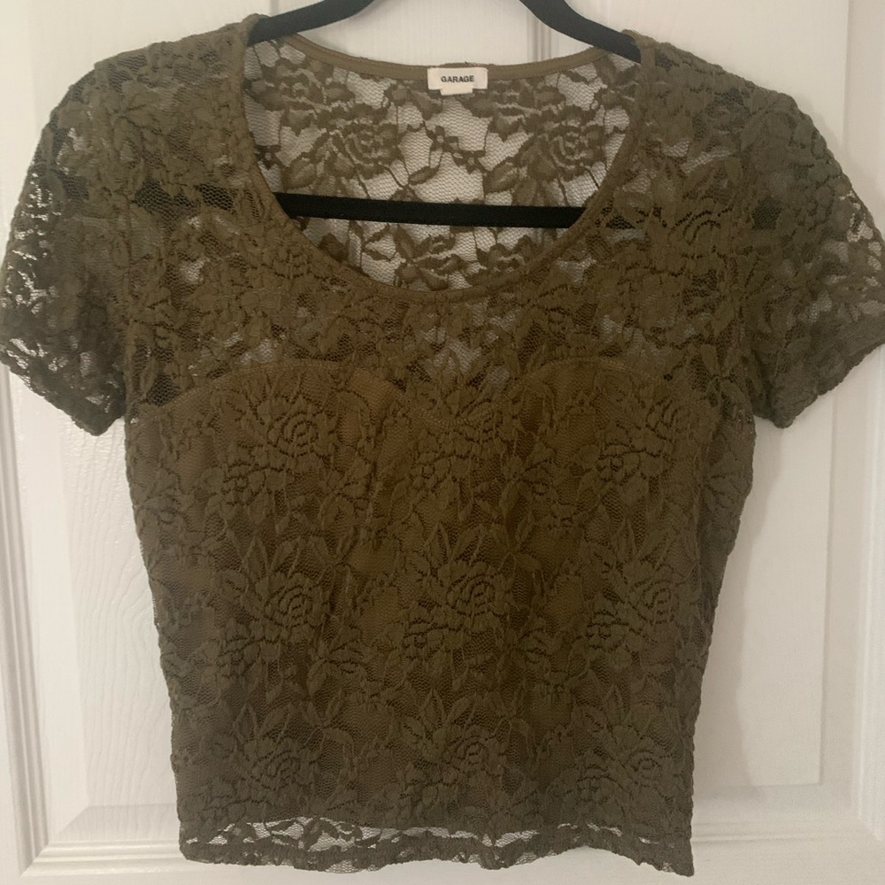 Olive Green Lace Crop Top - Size M